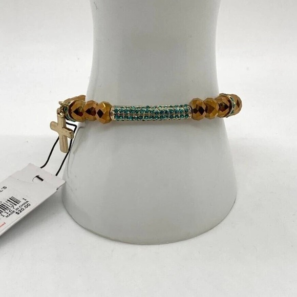 APT. 9 Gold Tone Stretch Bracelet with Faceted Beads & Green Pave Cross Charm - Picture 9 of 13